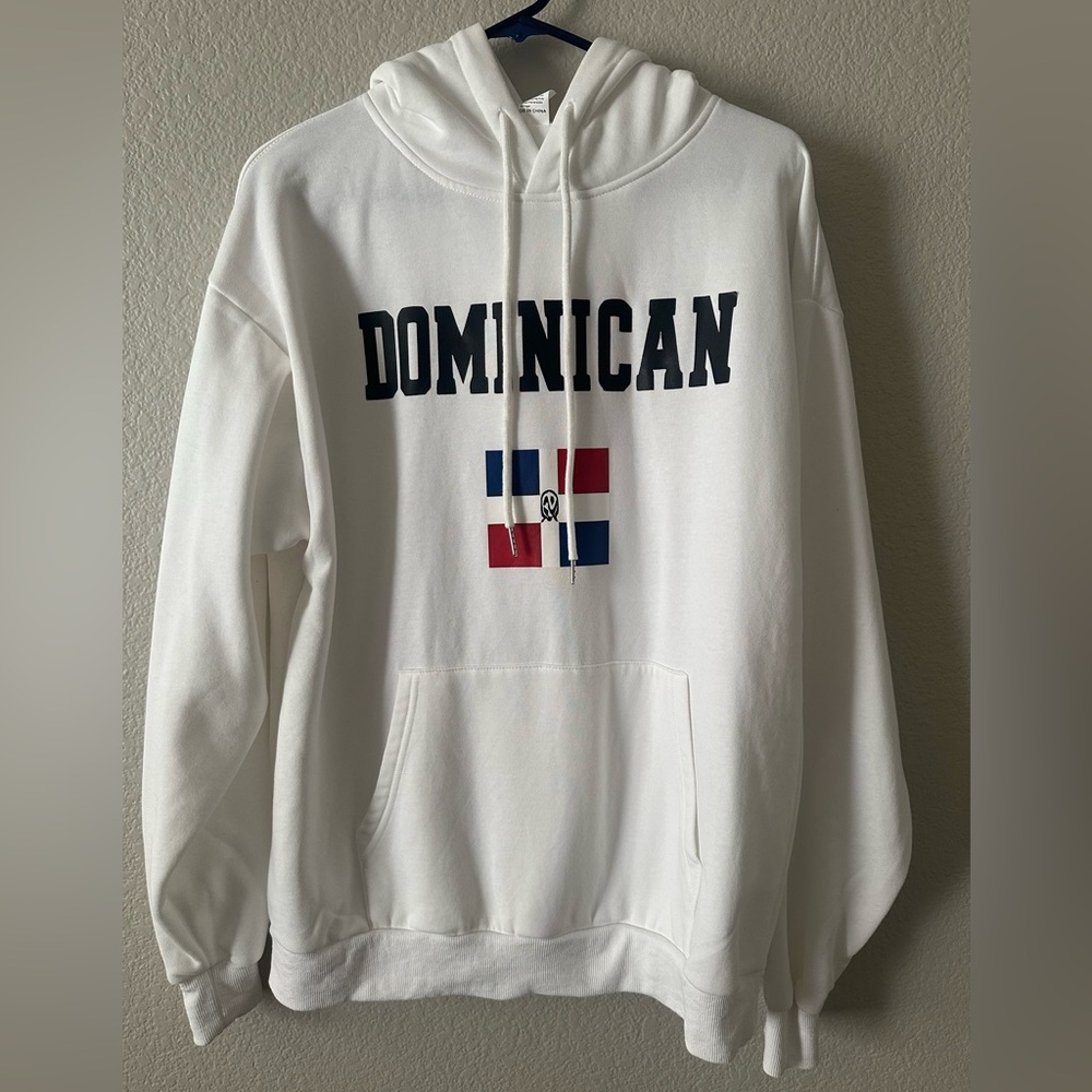 White Hoodie with Dominican Flag Design Sweatshirt size medium unbranded